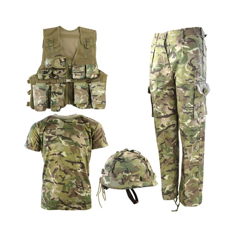 Conjunto táctico infantil ARMY COMBO en camuflaje BTP con pantalones, chaleco, camiseta y casco