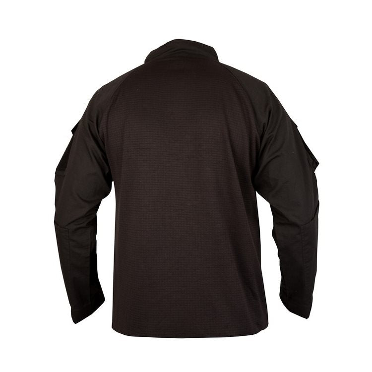 Camisa táctica UBACS FLEECE negra en rip-stop, mangas raglán, bolsillos en hombros y refuerzos en codos y hombros