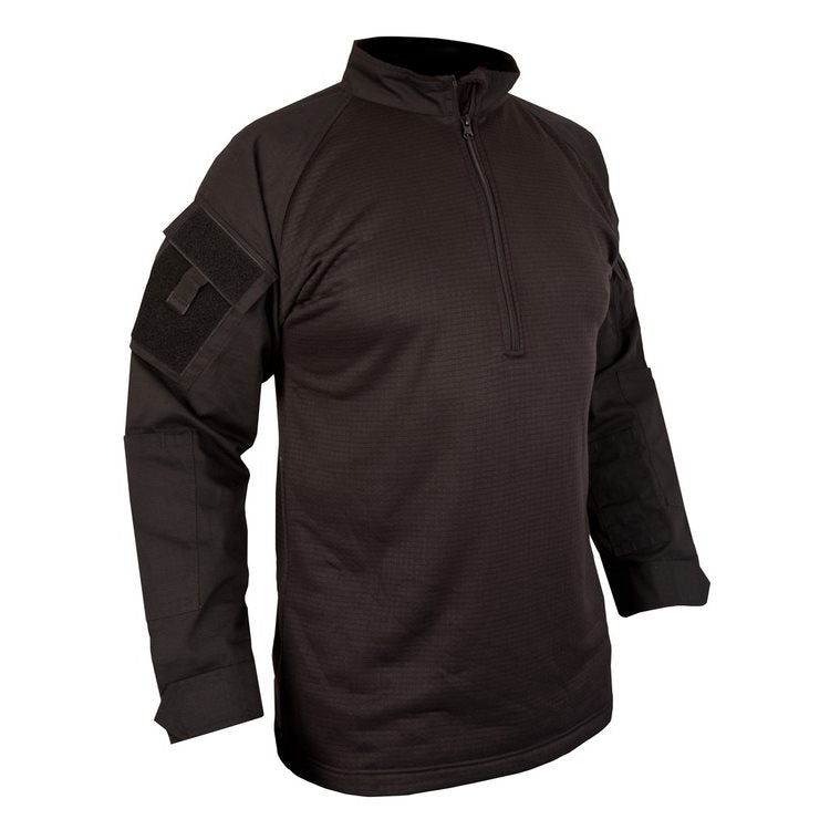 Camisa táctica UBACS FLEECE negra en rip-stop, mangas raglán, bolsillos en hombros y refuerzos en codos y hombros