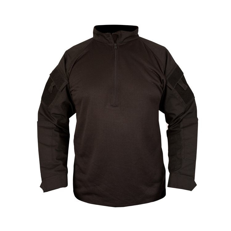 Camisa táctica UBACS FLEECE negra con paneles VELCRO y refuerzos en codos y hombros