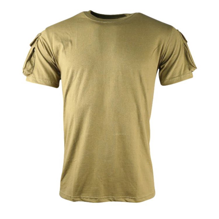 Camiseta Tactical Velcro color COYOTE vista frontal con bolsillos en las mangas