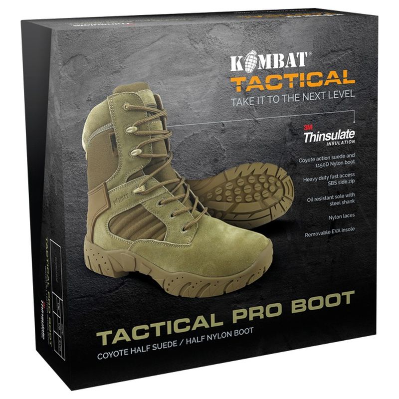 Botas tácticas PRO 50/50 COYOTE en color desértico, nylon y ante 1150D, tallas UK