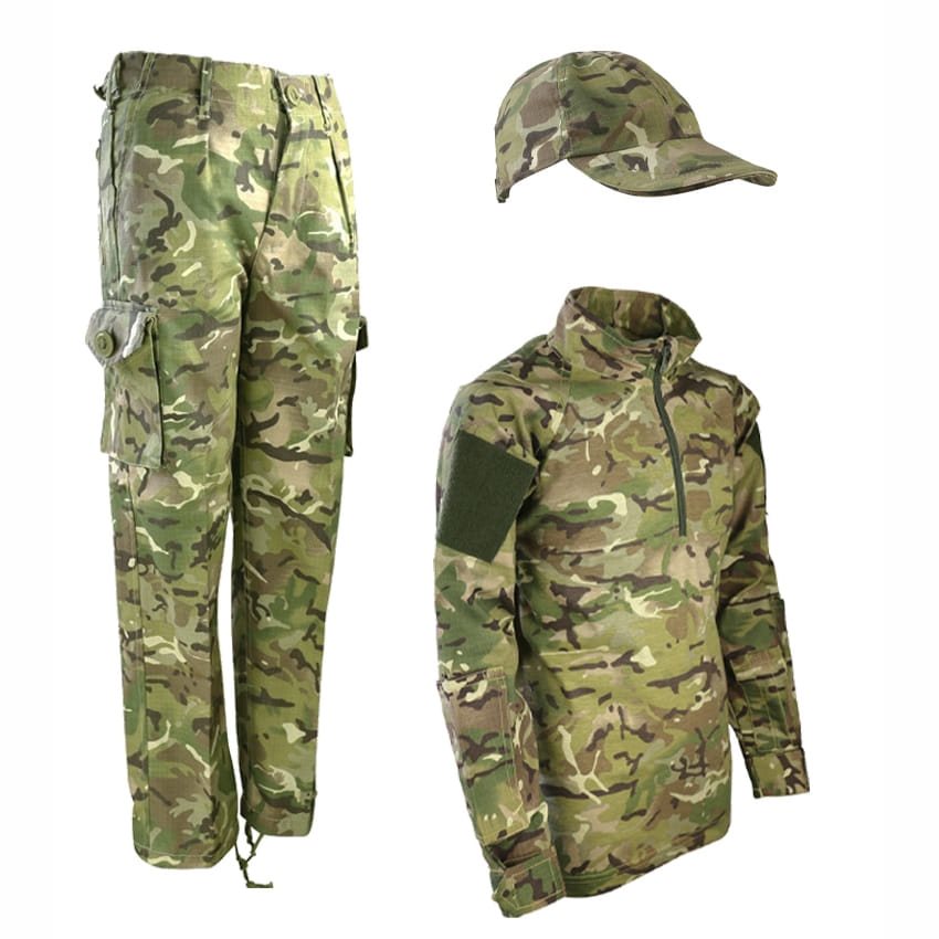 Conjunto infantil camuflaje británico: camisa UBACS táctica, pantalones y gorra con visera