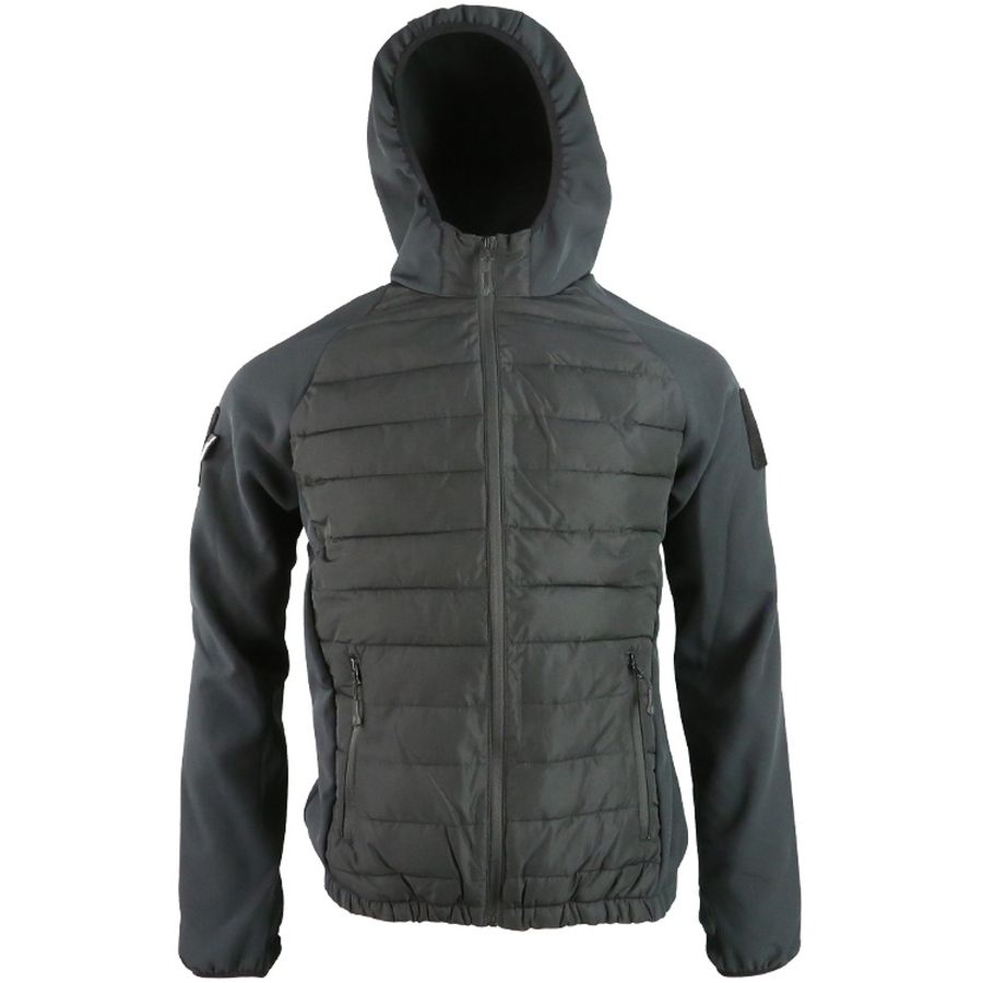 Chaqueta táctica VENOM Softshell verde, vista frontal con capucha y bolsillos con cremallera