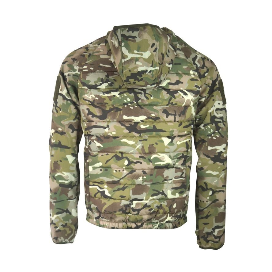 Chaqueta táctica VENOM Softshell verde, vista frontal con capucha y bolsillos con cremallera