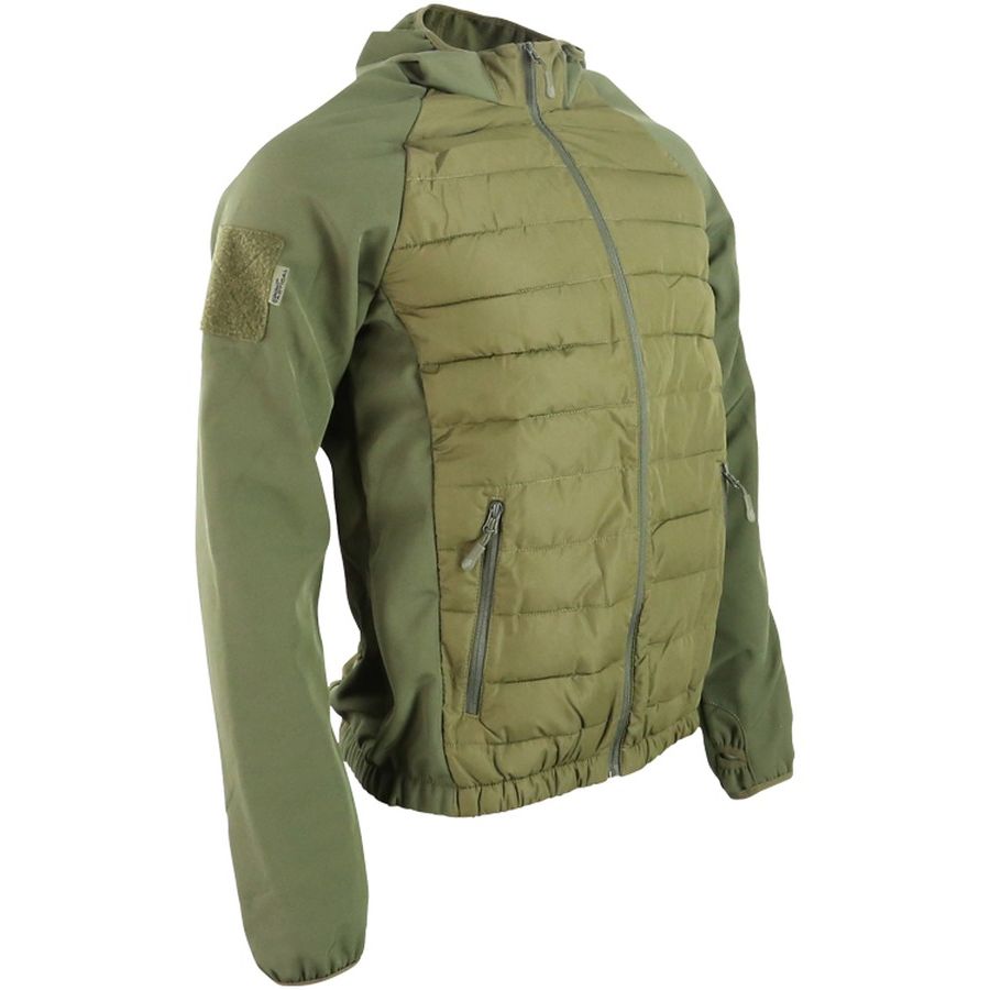 Chaqueta táctica VENOM Softshell verde, vista frontal con capucha y bolsillos con cremallera