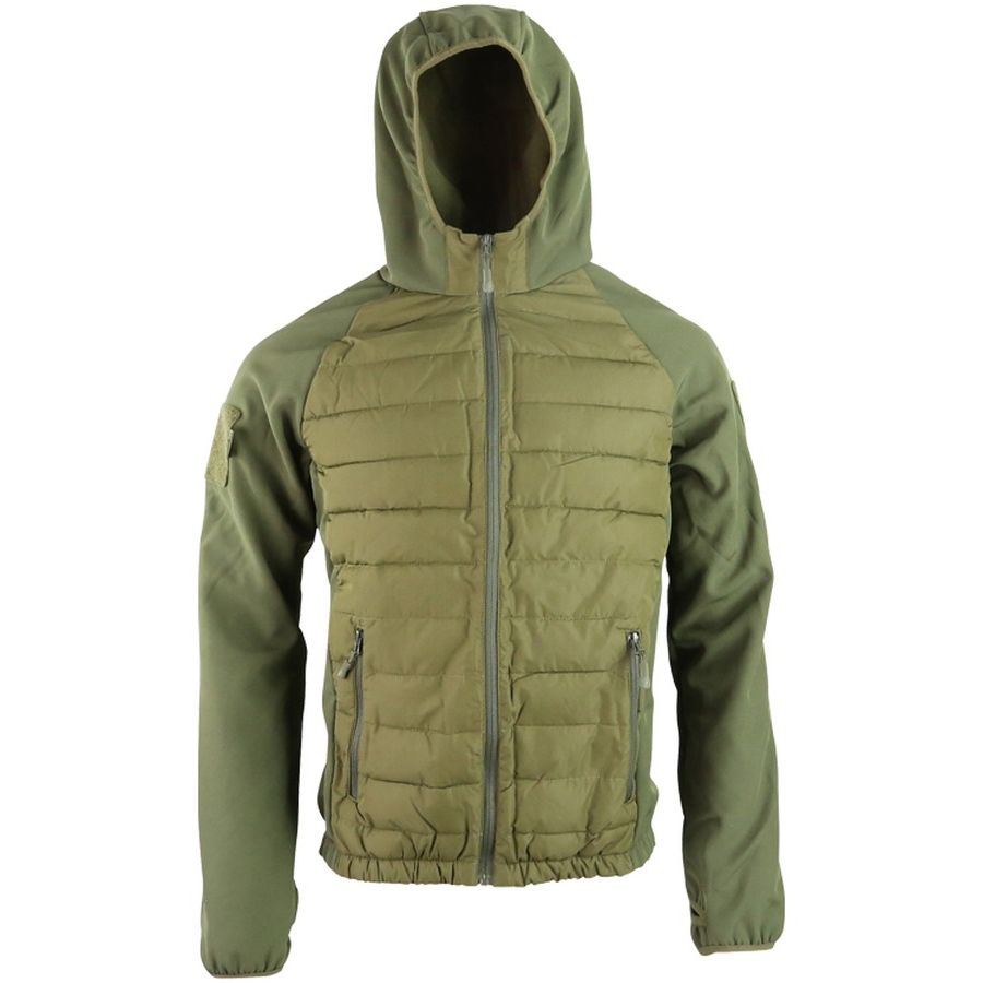 Chaqueta táctica VENOM Softshell verde, vista frontal con capucha y bolsillos con cremallera