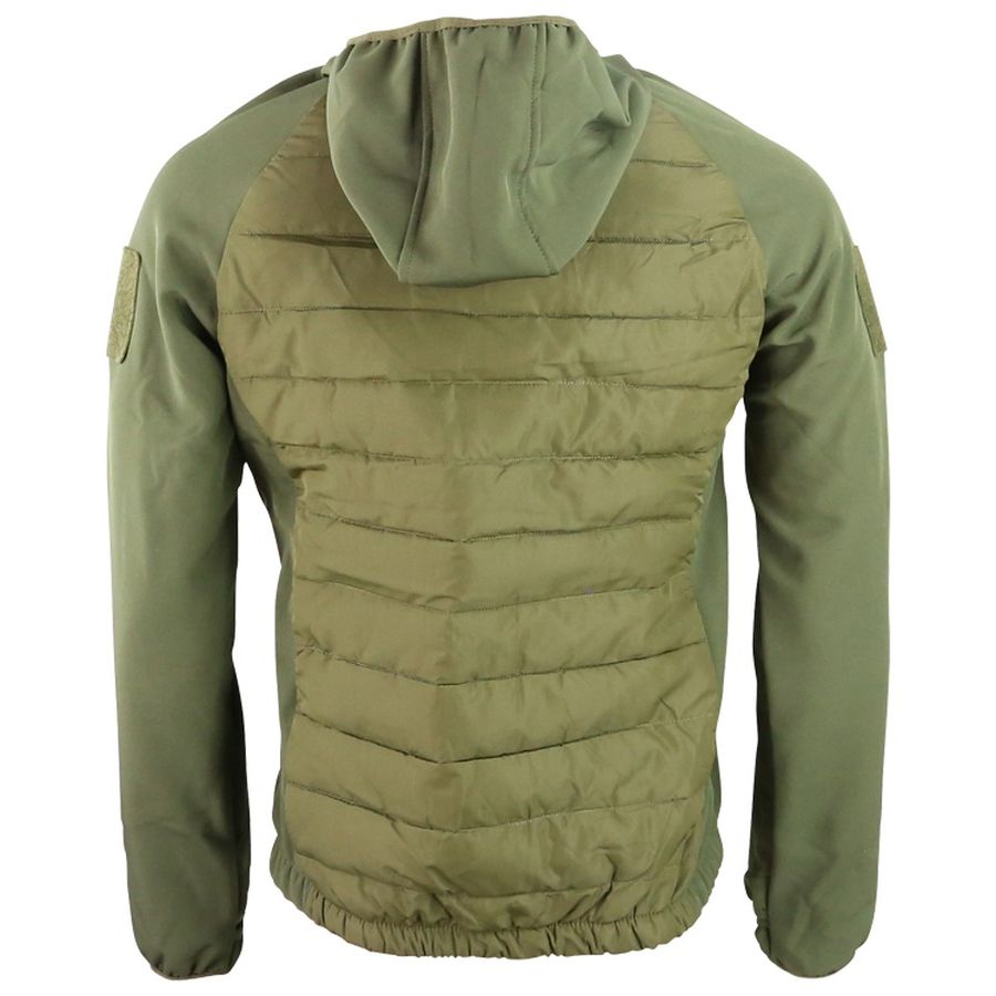 Chaqueta táctica VENOM Softshell verde, vista frontal con capucha y bolsillos con cremallera