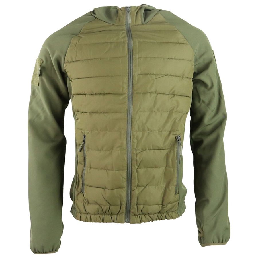 Chaqueta táctica VENOM Softshell verde, vista frontal con capucha y bolsillos con cremallera
