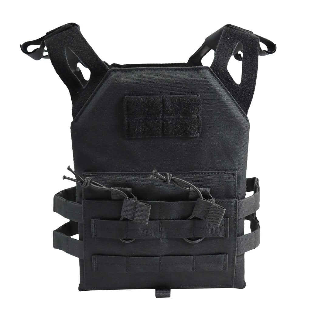 Chaleco táctico infantil negro tipo Plate Carrier con MOLLE, panel de velcro y bolsillos para cargadores