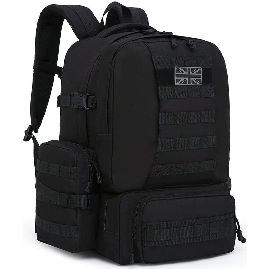 Mochila Expedition MOLLE 50 L negra, compatible MOLLE/PALS con 2 bolsillos laterales y 3 frontales
