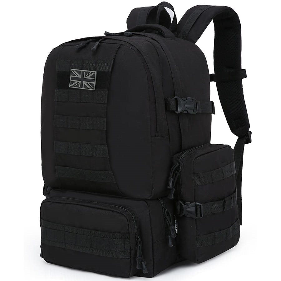 Mochila Expedition MOLLE 50 L negra, compatible MOLLE/PALS con 2 bolsillos laterales y 3 frontales