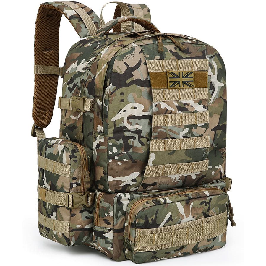 Mochila Expedition MOLLE 50 L negra, compatible MOLLE/PALS con 2 bolsillos laterales y 3 frontales
