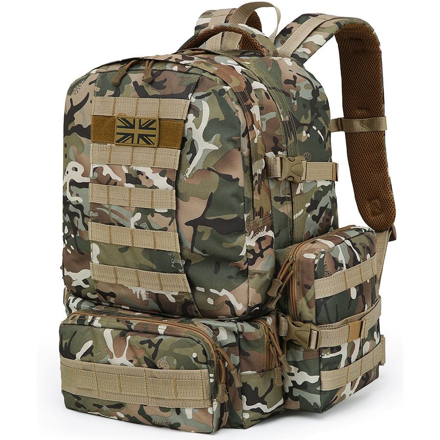 Mochila Expedition MOLLE 50 L negra, compatible MOLLE/PALS con 2 bolsillos laterales y 3 frontales