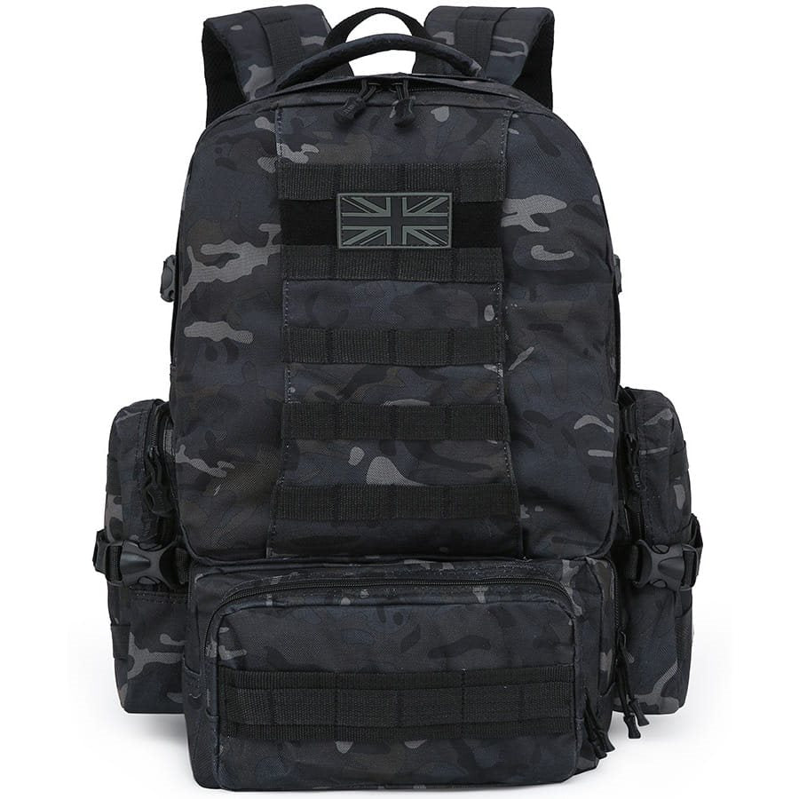 Mochila Expedition MOLLE 50 L negra, compatible MOLLE/PALS con 2 bolsillos laterales y 3 frontales