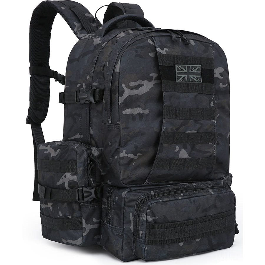 Mochila Expedition MOLLE 50 L negra, compatible MOLLE/PALS con 2 bolsillos laterales y 3 frontales
