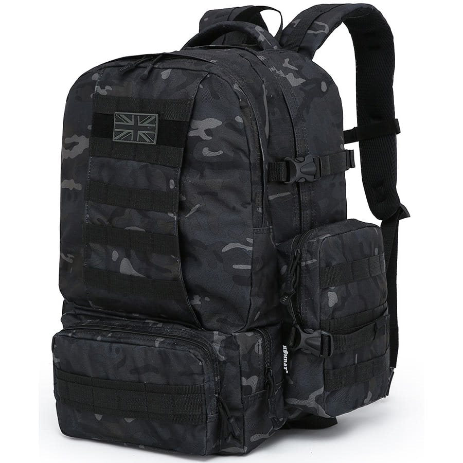 Mochila Expedition MOLLE 50 L negra, compatible MOLLE/PALS con 2 bolsillos laterales y 3 frontales
