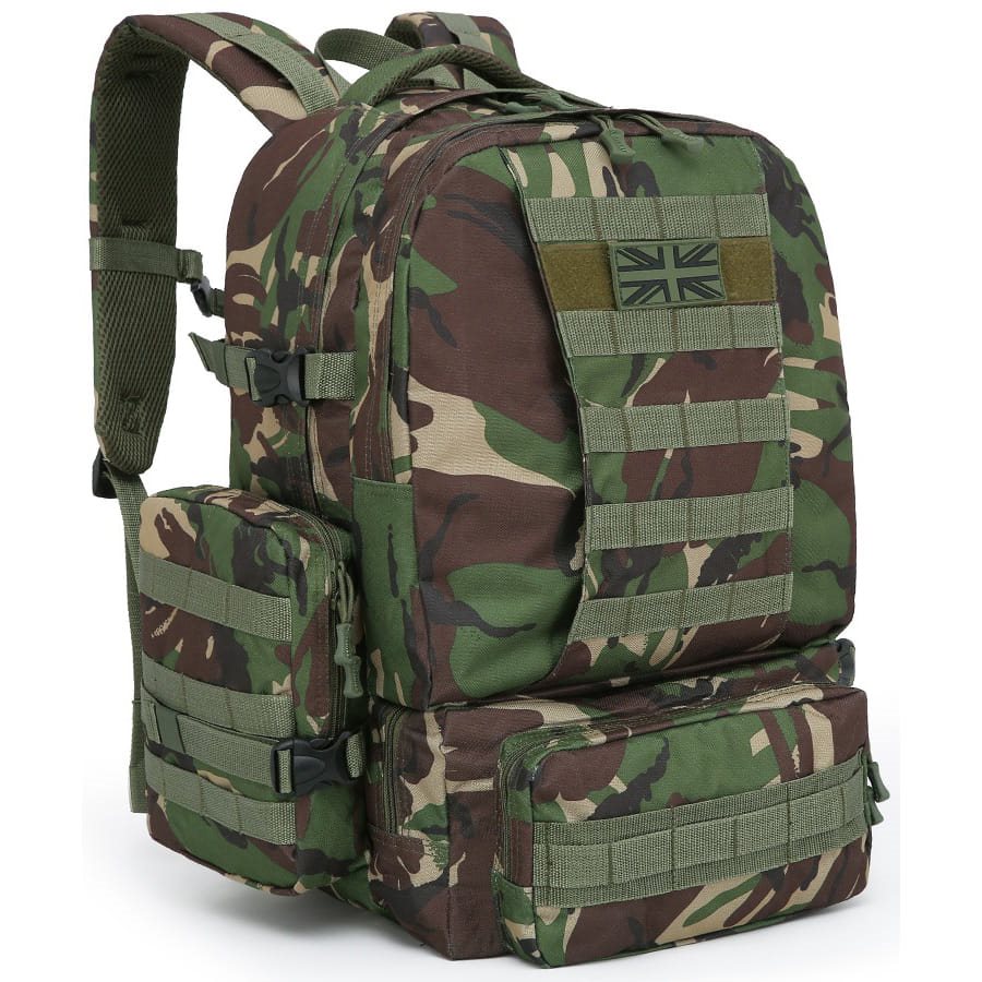 Mochila Expedition MOLLE 50 L negra, compatible MOLLE/PALS con 2 bolsillos laterales y 3 frontales