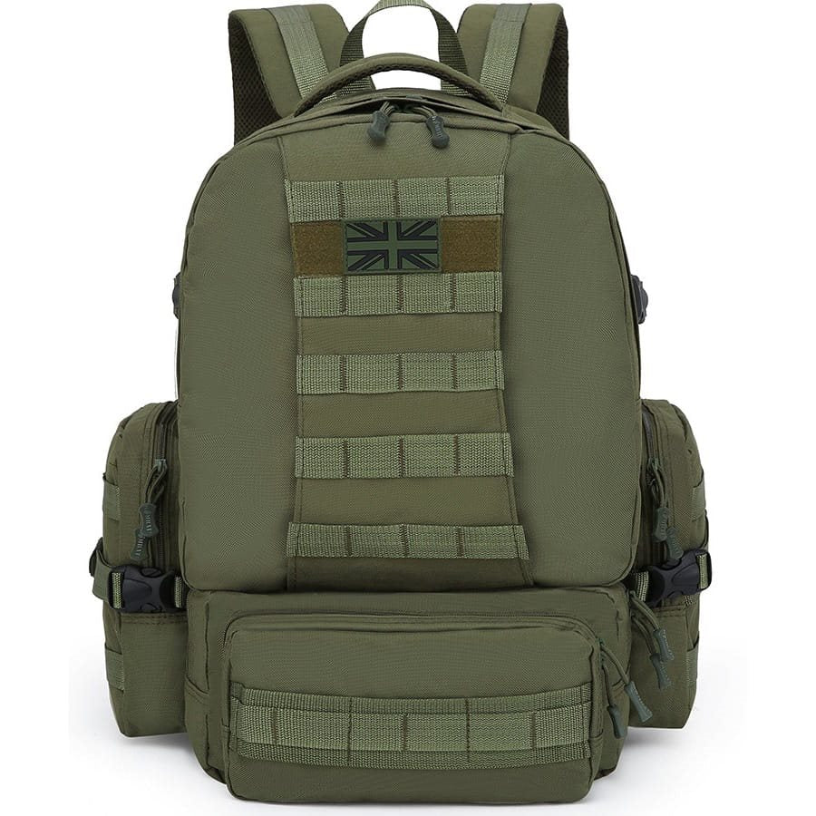 Mochila Expedition MOLLE 50 L negra, compatible MOLLE/PALS con 2 bolsillos laterales y 3 frontales