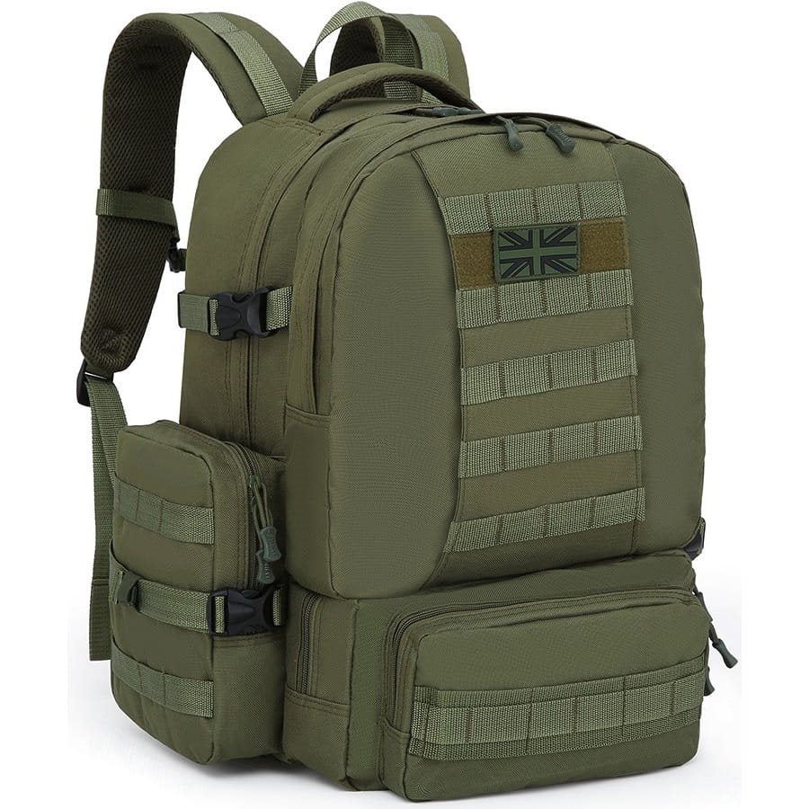 Mochila Expedition MOLLE 50 L negra, compatible MOLLE/PALS con 2 bolsillos laterales y 3 frontales