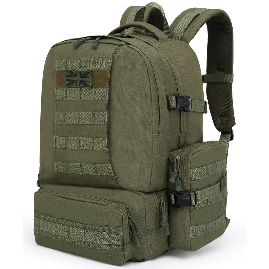 Mochila Expedition MOLLE 50 L negra, compatible MOLLE/PALS con 2 bolsillos laterales y 3 frontales