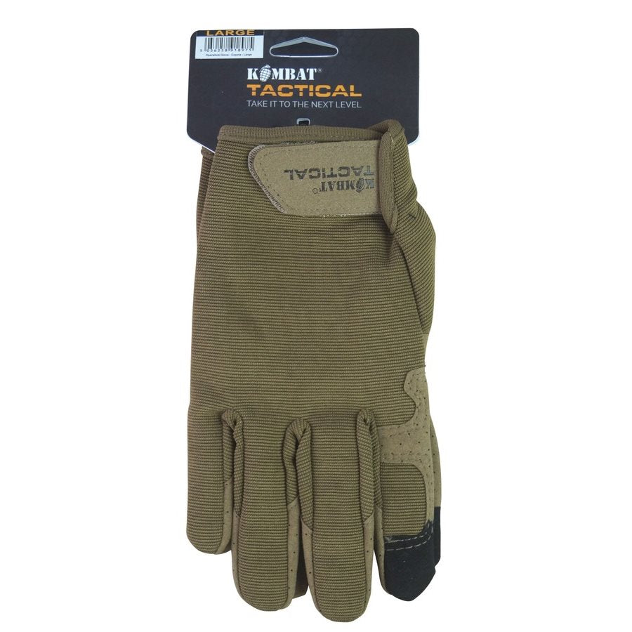 Guantes tácticos OPERATOR COYOTE mostrando material elástico y cierre de muñeca con velcro