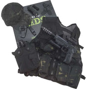 Set JUNIOR 7 piezas: chaleco tactico, pistola plastica con efectos, cantimplora con funda, silbato, linterna, mosqueton y placas identificacion