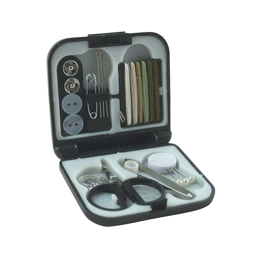Kit de costura mini negro en caja de plástico minimalista