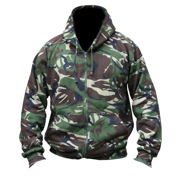 Sudadera ARY en camuflaje DPM con capucha ajustable, cremallera central y forro polar