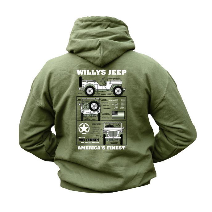 Sudadera verde WILLY JEEP con capucha, bolsillo canguro y estampado trasero U.S.Army