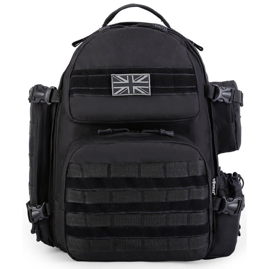 Mochila VENTURE 45 L negra compatible MOLLE/PALS, base 35 L ampliable +10 L, poliester resistente