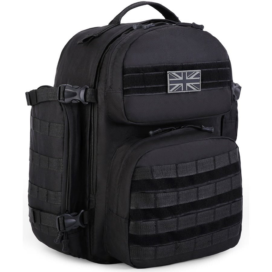 Mochila VENTURE 45 L negra compatible MOLLE/PALS, base 35 L ampliable +10 L, poliester resistente