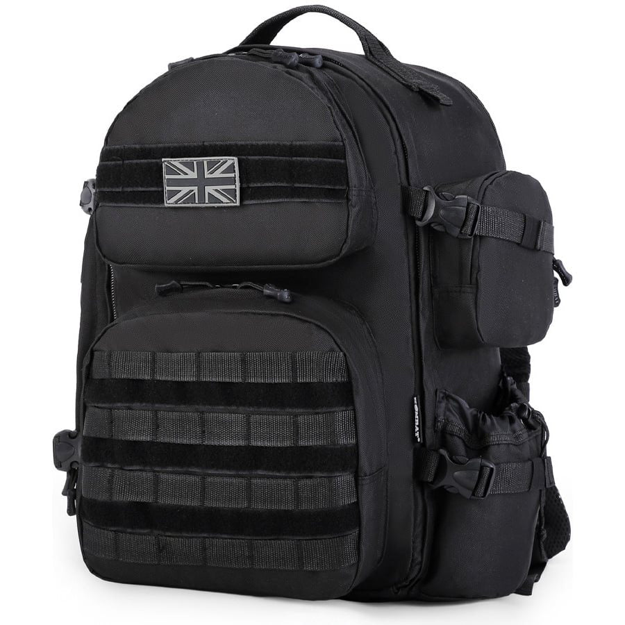 Mochila VENTURE 45 L negra compatible MOLLE/PALS, base 35 L ampliable +10 L, poliester resistente