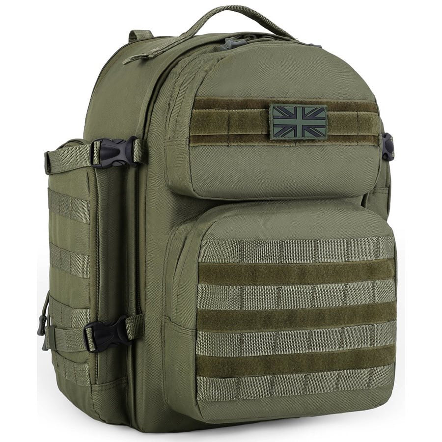 Mochila VENTURE 45 L negra compatible MOLLE/PALS, base 35 L ampliable +10 L, poliester resistente