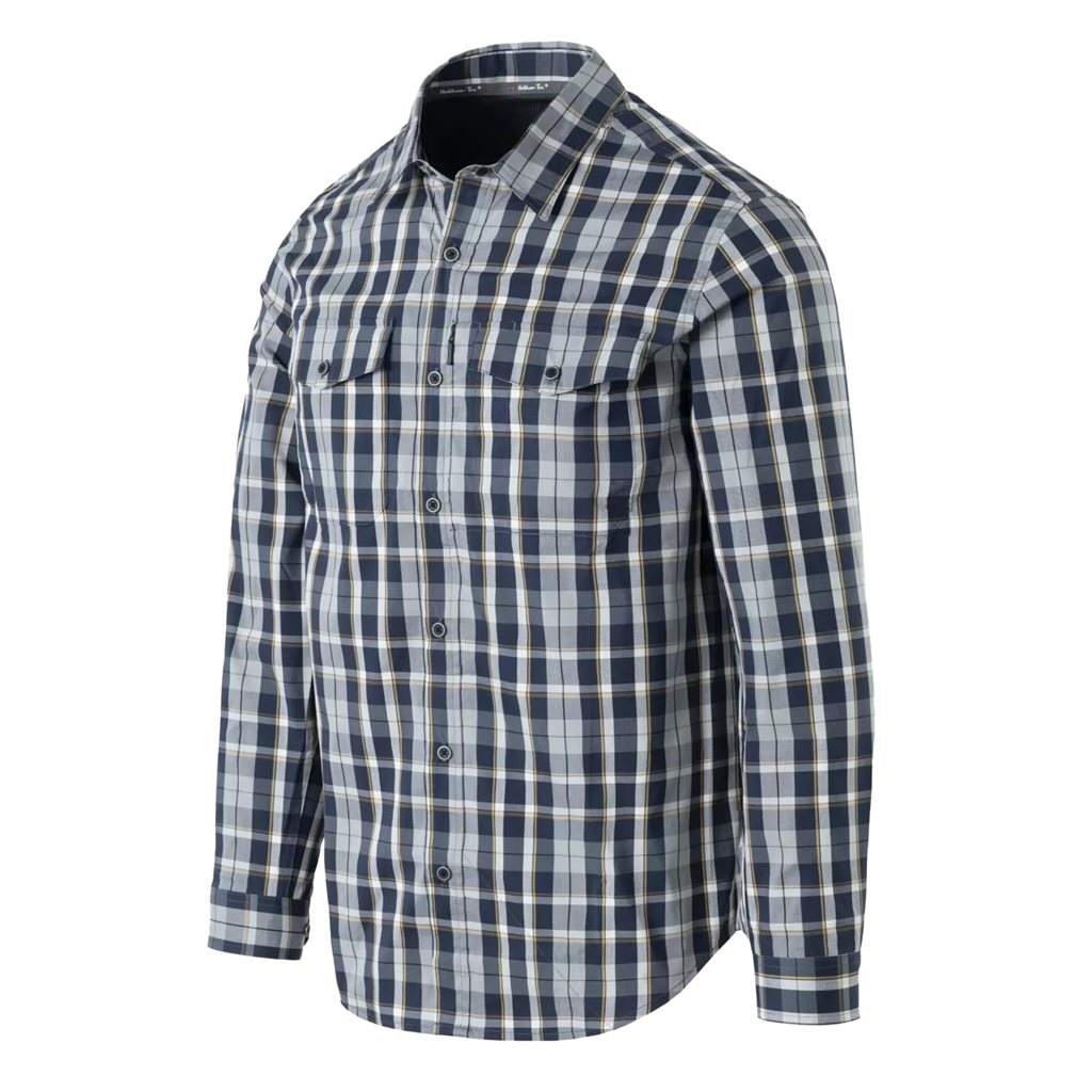 Camisa COVERT Helikon-Tex azul a cuadros CAL Blue Plaid, manga larga, tres bolsillos de pecho, ligera y transpirable