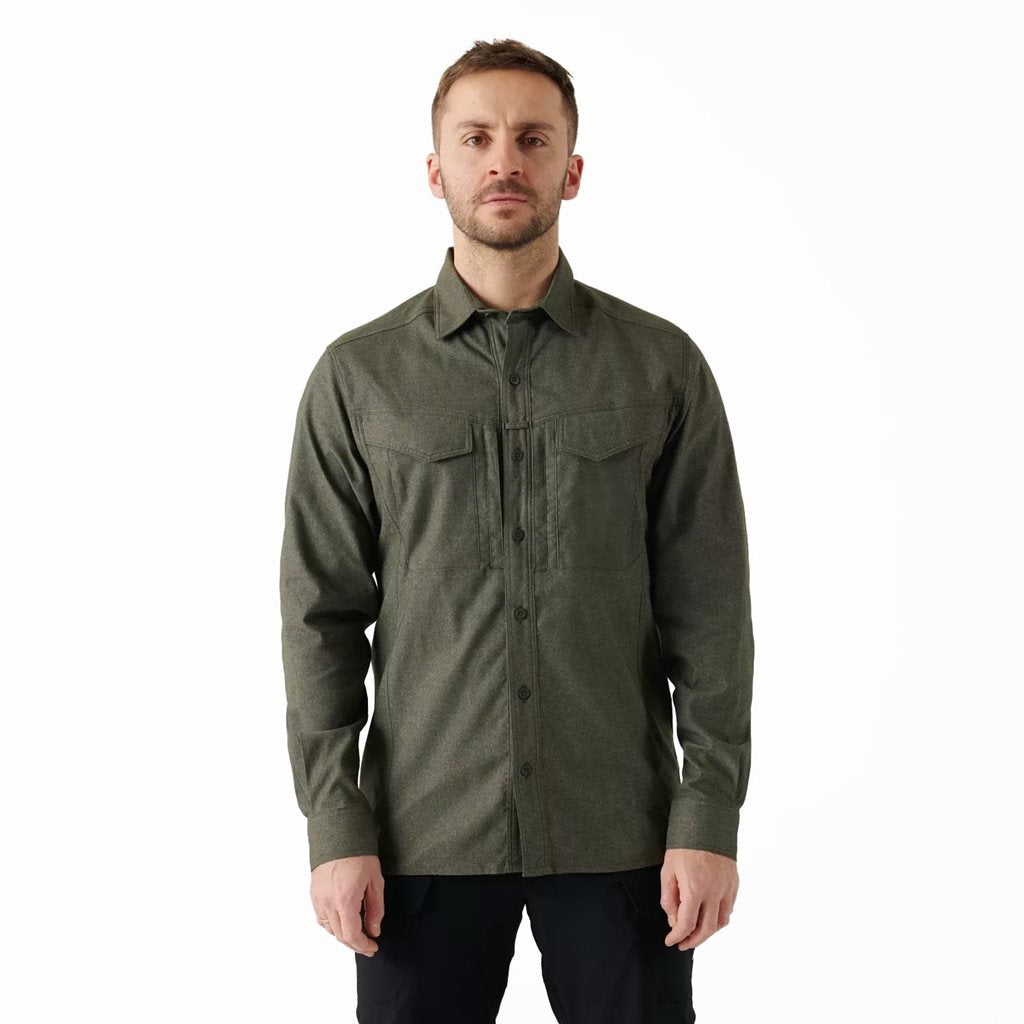 Camisa DEFENDER Mk2 Pilgrim verde musgo denim, manga larga, 2 bolsillos con solapa y 2 con cremallera