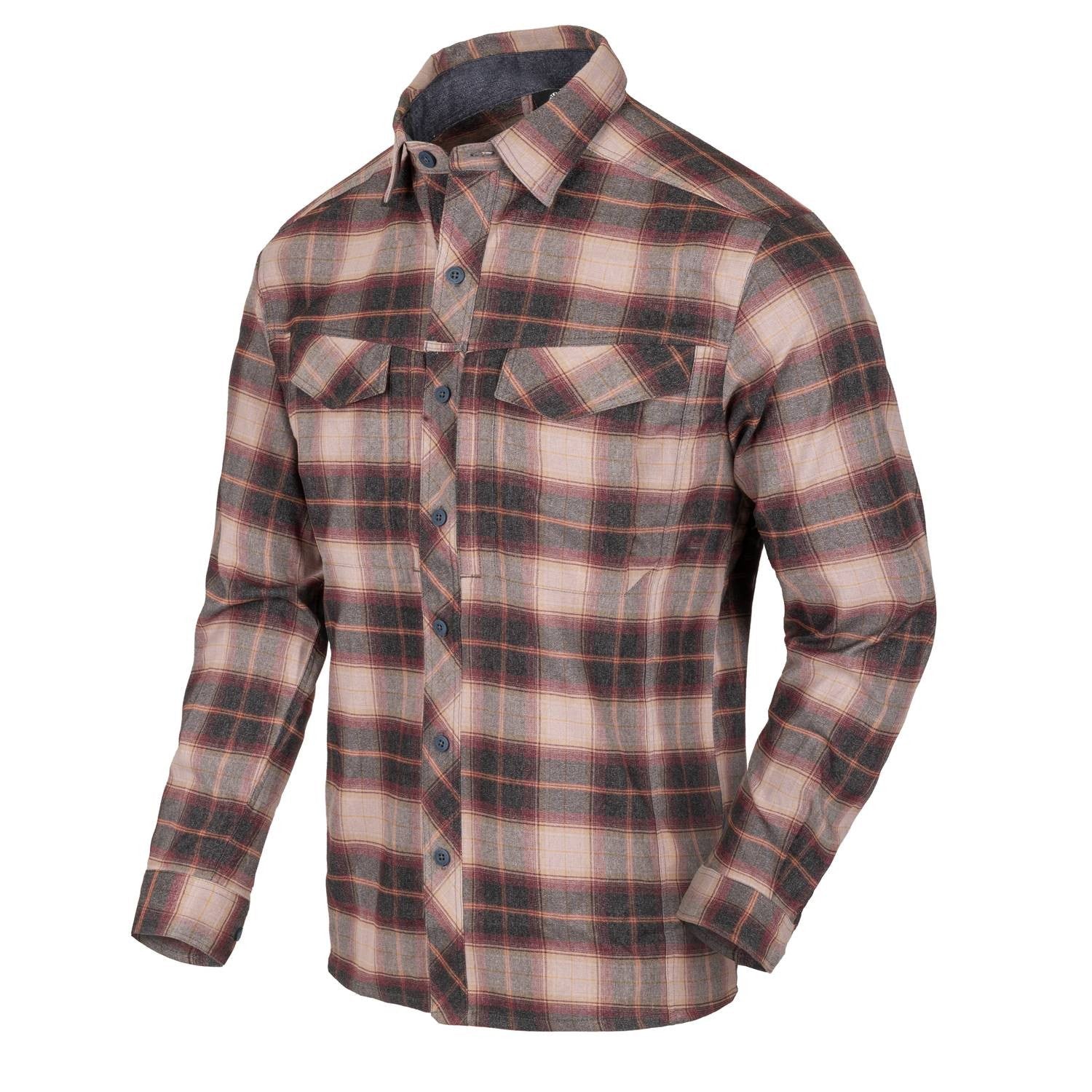 Camisa DEFENDER Mk2 PILGRIM a cuadros RUST PLAID, manga larga, bolsillos con velcro y cremallera