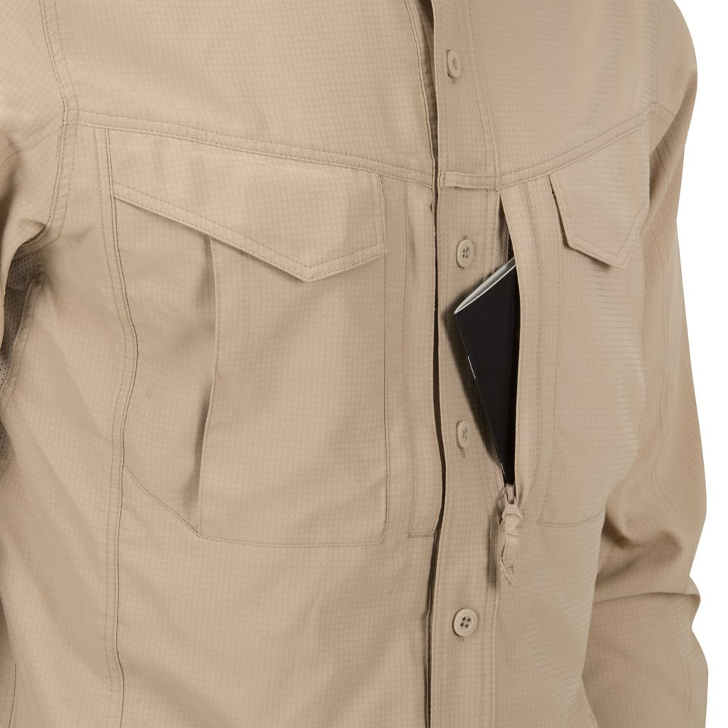 Camisa DEFENDER MK2 TROPICAL Silver Mink, ligera, manga larga, cierre con botones y cuatro bolsillos