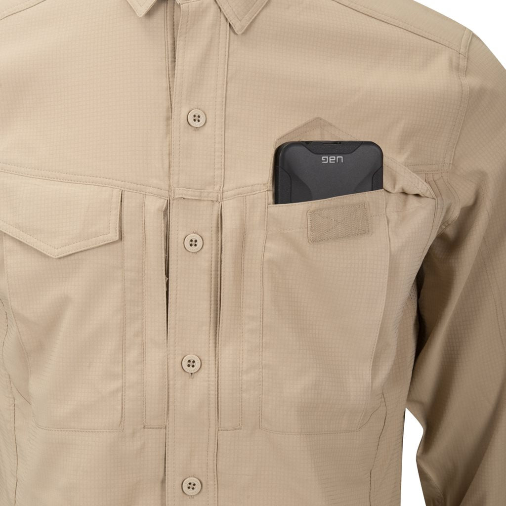 Camisa DEFENDER MK2 TROPICAL Silver Mink, ligera, manga larga, cierre con botones y cuatro bolsillos