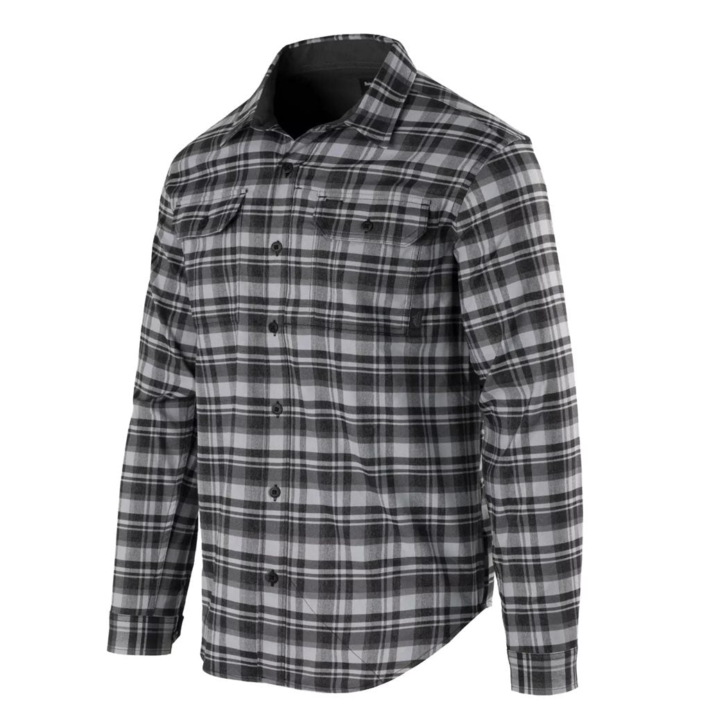 Camisa de manga larga gris a cuadros con botones y bolsillos de pecho; bolsillo interior con cremallera