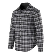 Camisa de manga larga gris a cuadros con botones y bolsillos de pecho; bolsillo interior con cremallera