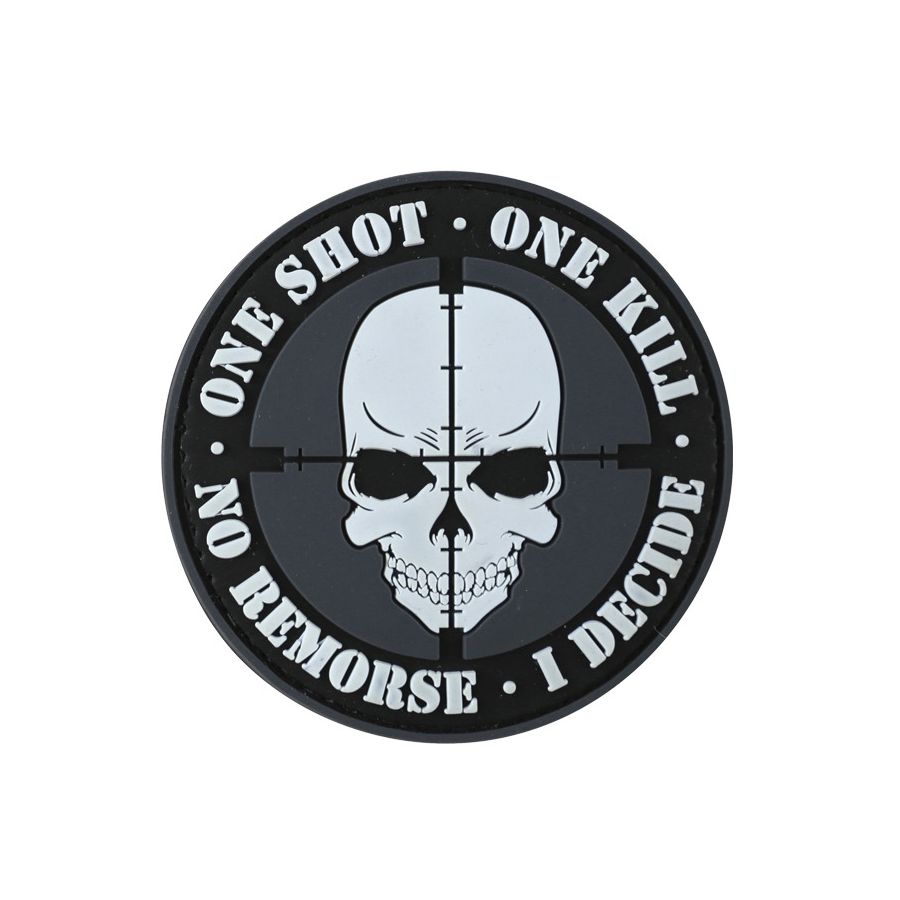 Parche plástico ONE SHOT - ONE KILL negro con velcro, aprox. 7,5 cm
