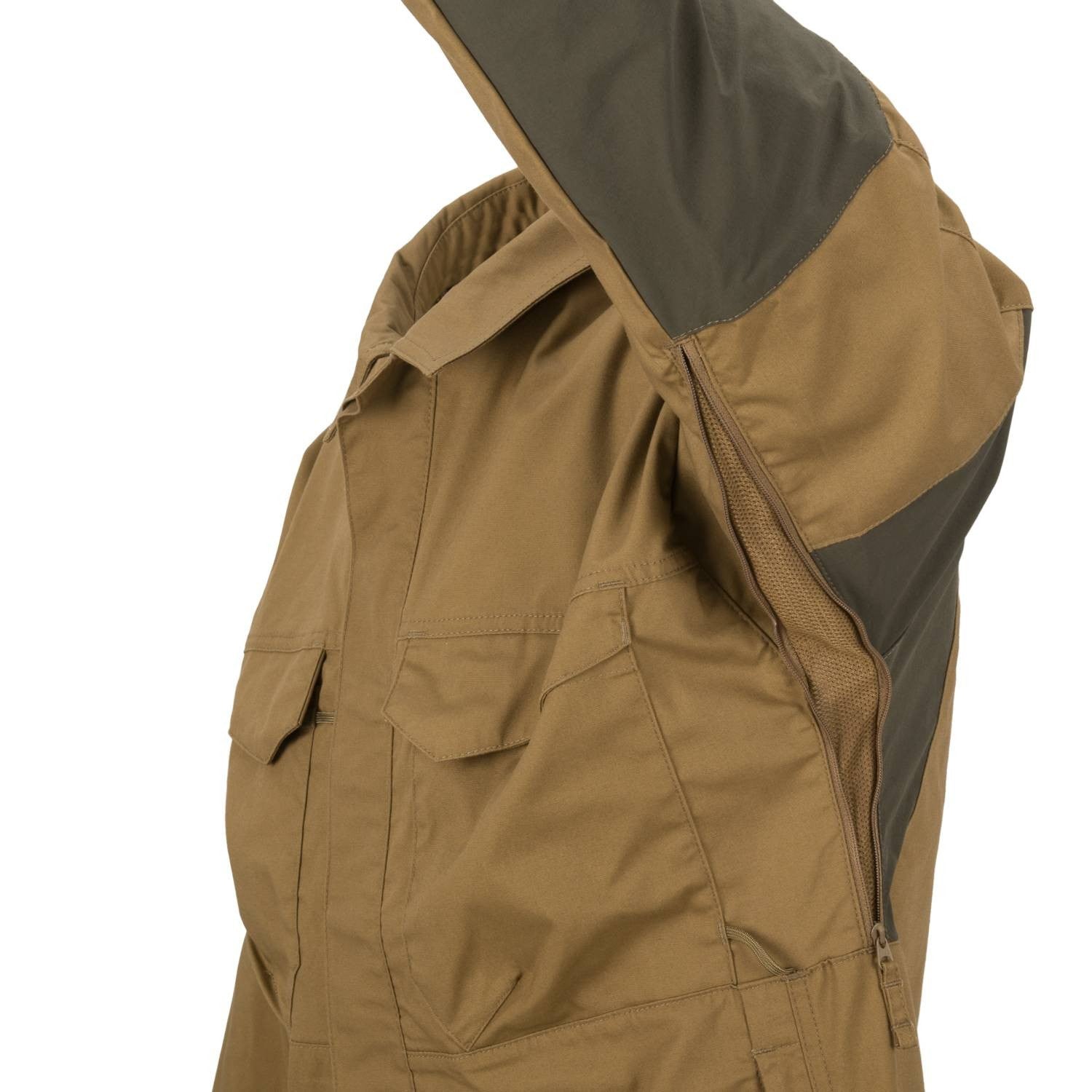 Camisa WOODSMAN Coyote/Taiga Green de Helikon-Tex en DuraCanvas y VersaStretch