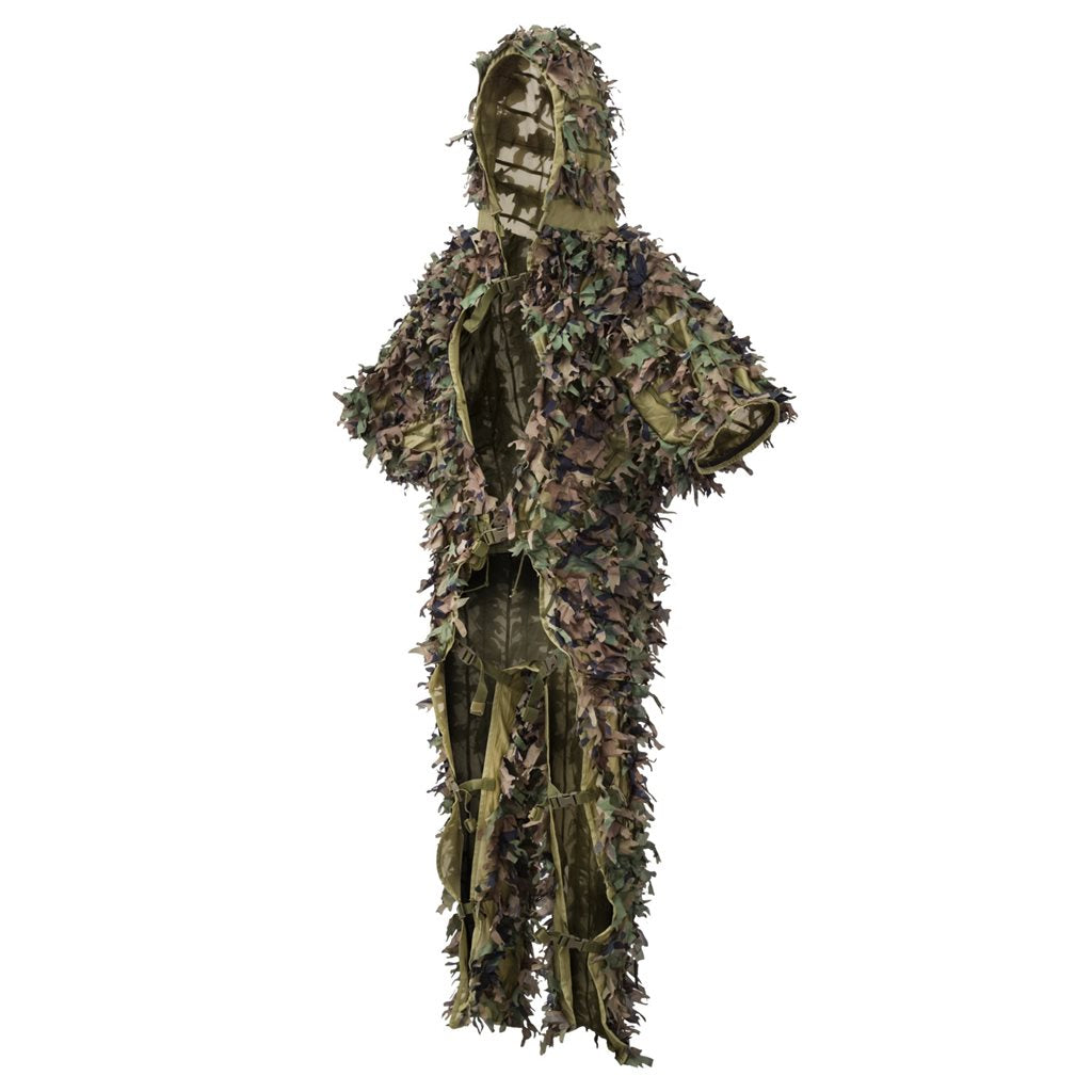 Traje de camuflaje LEAF de HELIKON-TEX con chaqueta y pantalones adornados con hojas recortadas por láser, patrón US Woodland