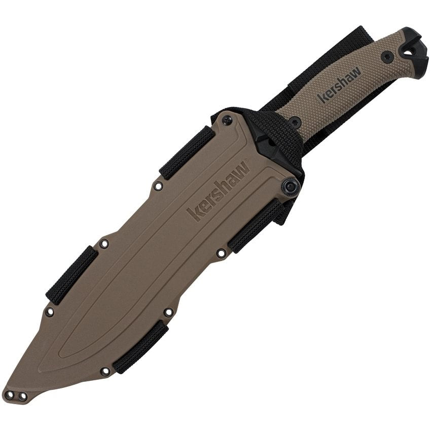 Machete CAMP 10 con hoja ennegrecida y funda de plástico para cinturón (color tan)