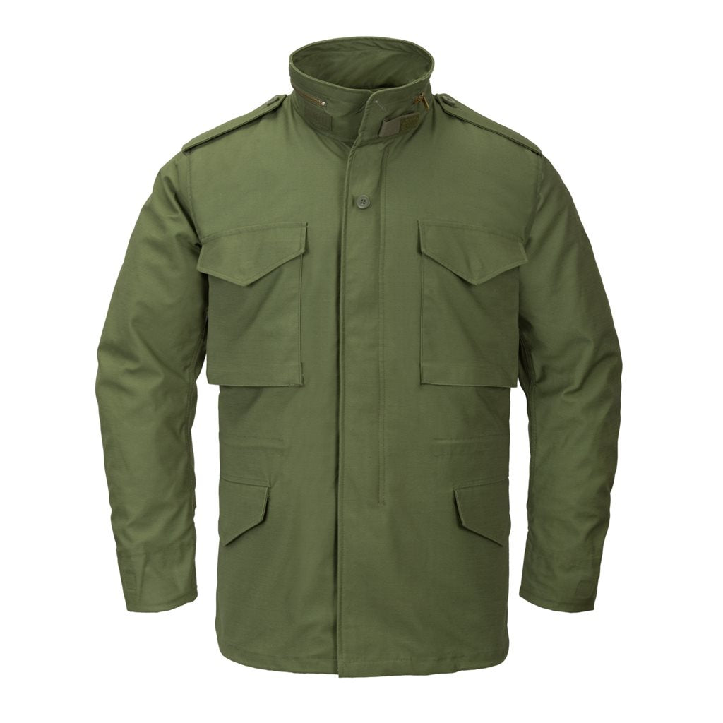 Parka M65 verde con forro de Helikon-Tex, vista frontal con capucha y bolsillos