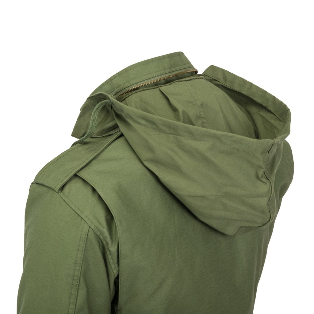 Parka M65 verde con forro de Helikon-Tex, vista frontal con capucha y bolsillos