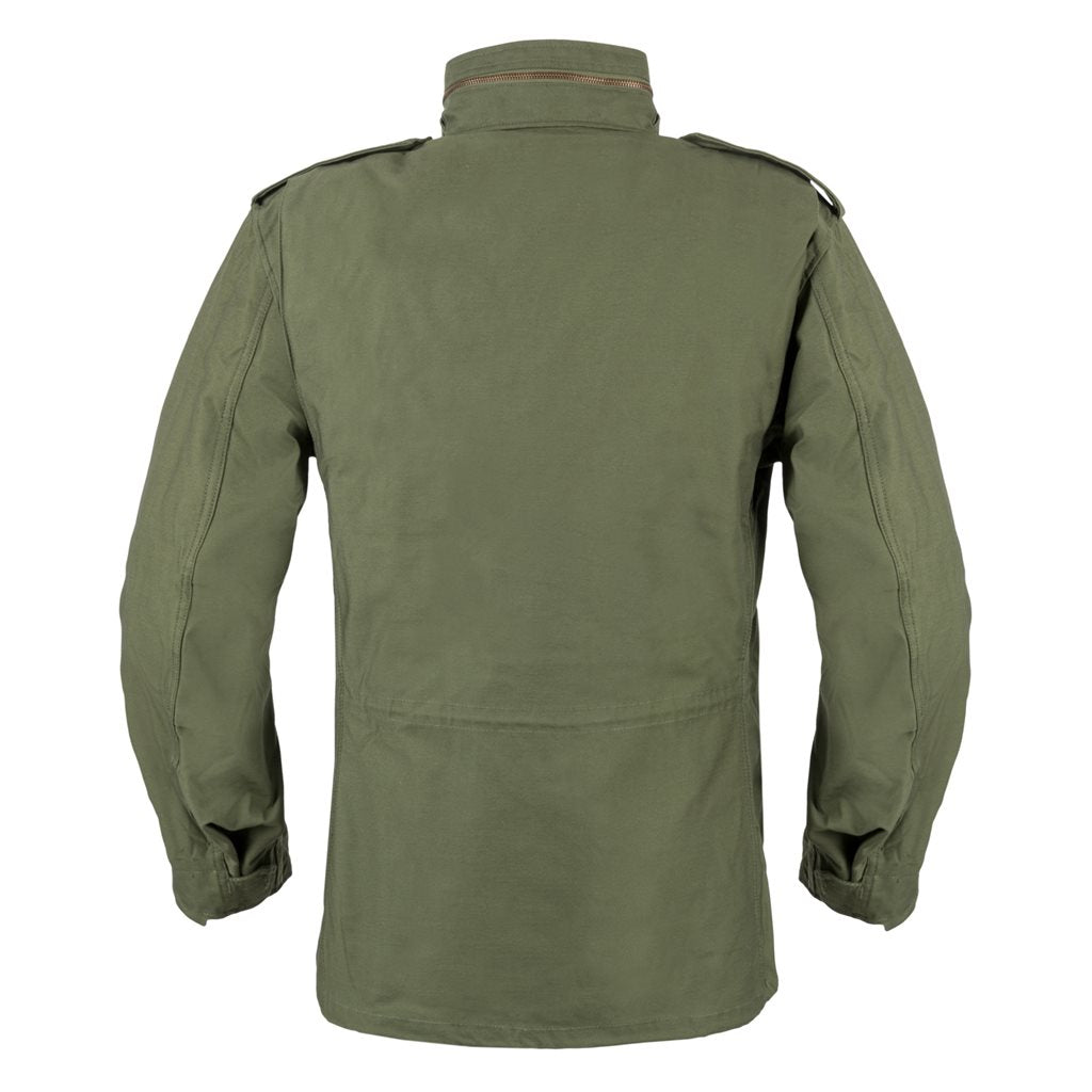 Parka M65 verde con forro de Helikon-Tex, vista frontal con capucha y bolsillos