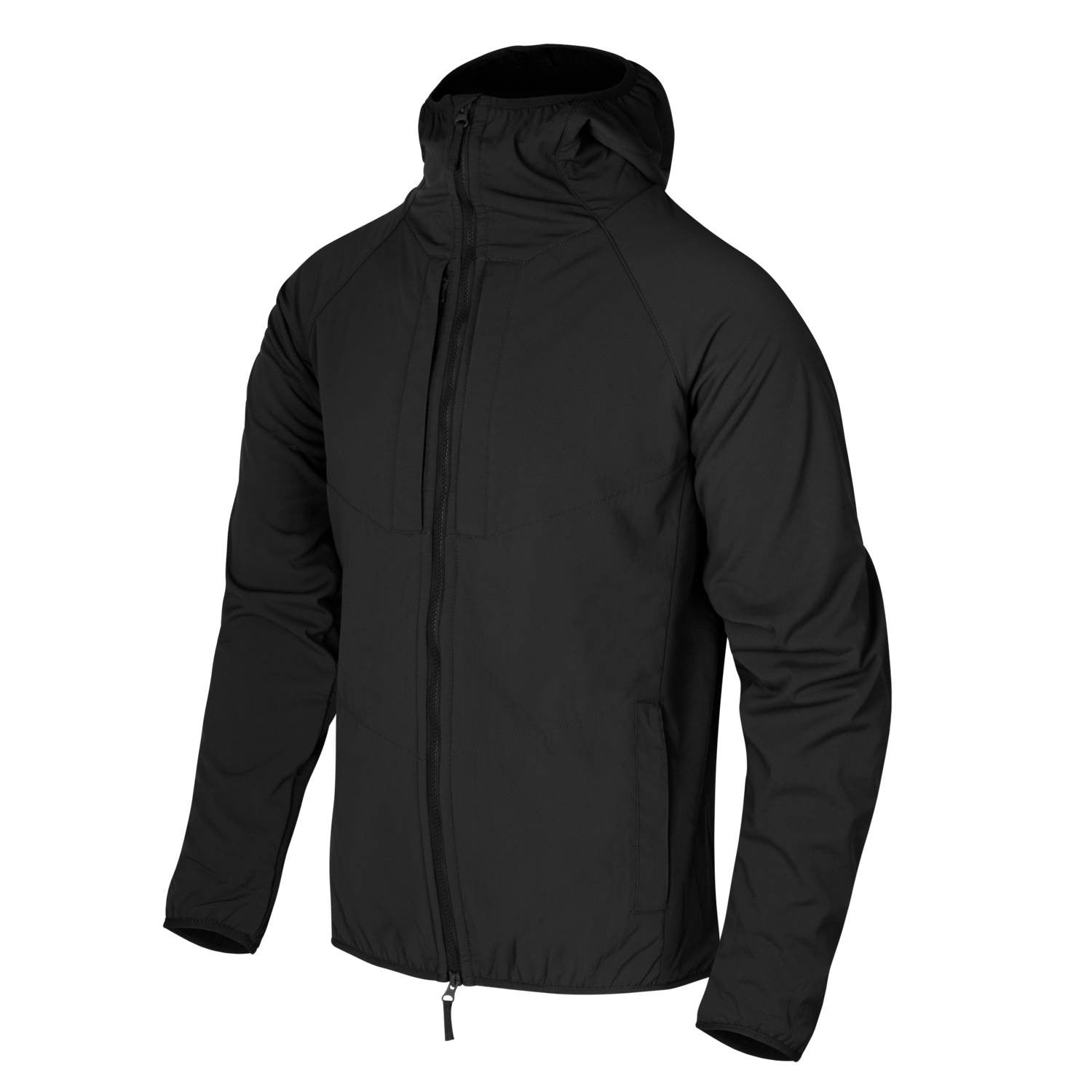 Chaqueta softshell URBAN HYBRID negra, vista frontal con capucha y bolsillos