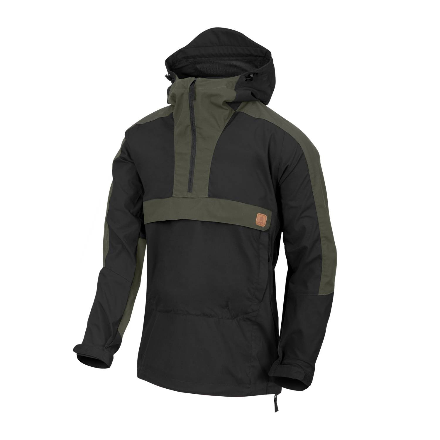 Chaqueta cortavientos WOODSMAN negra y taiga green con capucha ajustable y bolsillos